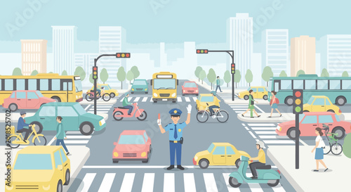 City Traffic Scene with Cars, Buses, Bikes, and Traffic Control