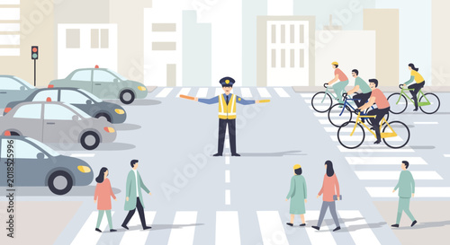 Traffic control illustration: Policeman directing road users at intersection