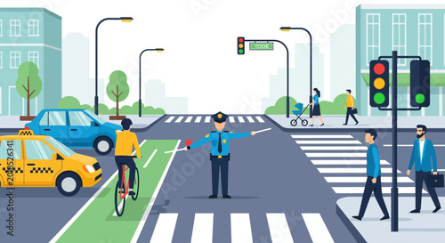 Illustration of traffic control in city with pedestrians, cars, and bicycle