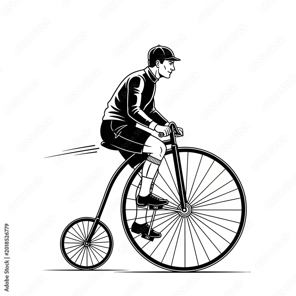 Naklejka premium Vintage Cyclist on High Wheel Bicycle - Black Line Art