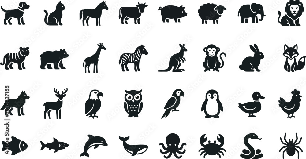 Obraz premium Animals icons set black silhouettes of various wildlife and domestic creatures for design