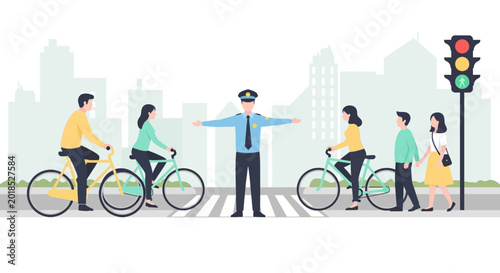 Policeman directing traffic at a crosswalk in the city with people and cyclists.