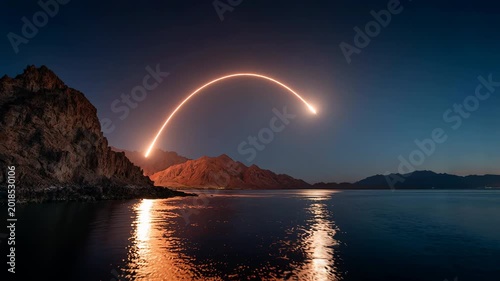 Rocket launch over the sea, viewed from a ship, dramatic aerospace scene in Mexico at dusk