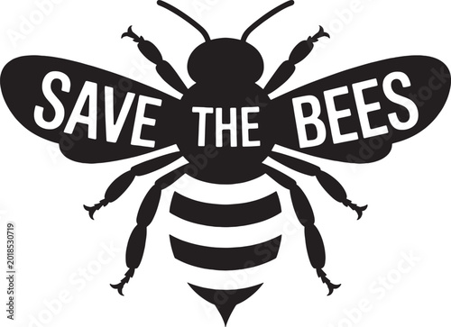 Save the Bees Environmental Awareness Graphic, Honey Bee Silhouette Icon with Text, Ecology Conservation Vector Illustration