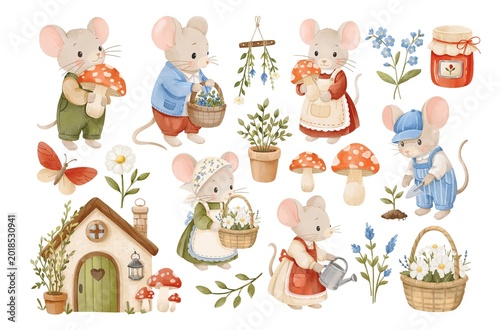 Watercolor cute mice gardening and foraging clipart set, woodland animals in village clothes, cottagecore mice, mushrooms, house and flowers illustrations