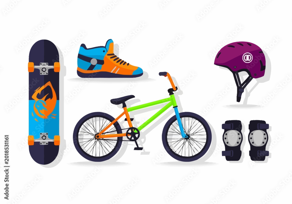 Obraz premium Collection of extreme sports gear including a skateboard, BMX bike, helmet, and protective pads.
