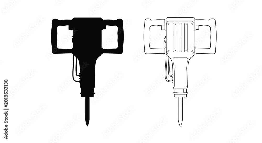Fototapeta premium Jackhammer silhouette and line drawing on white background