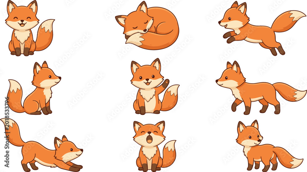 Fototapeta premium Cute Cartoon Fox Character Collection Set with Different Poses and Expressions for Children Illustration, Wildlife Mascot Vector Bundle Design