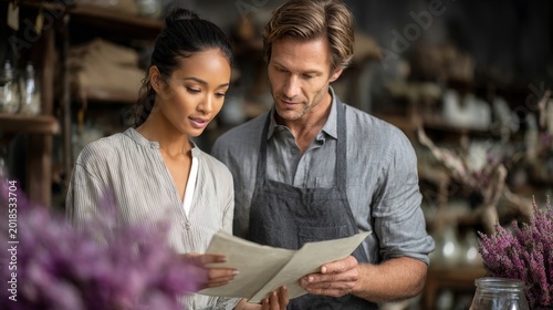 Creative Business Partners Reviewing Plans in Flower Shop. Generative AI