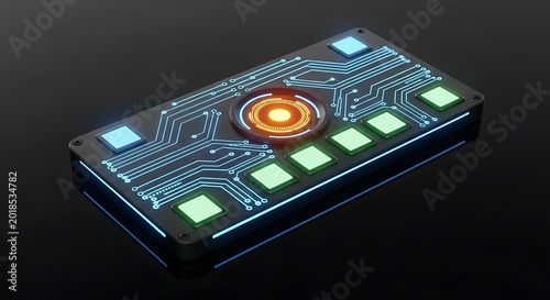 Futuristic electronic device features illuminated circuitry and glowing control elements