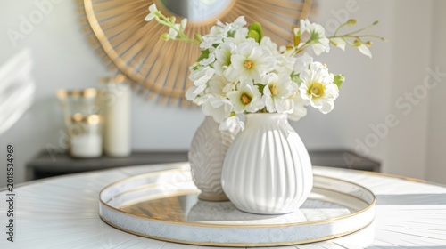 White vases with flowers on a marble tray