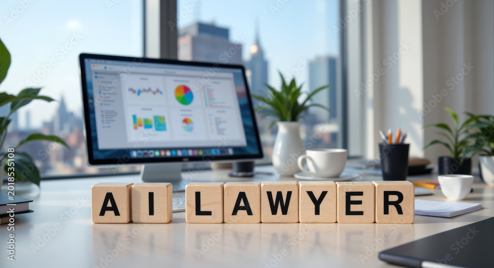 Fototapeta premium AI lawyer solution for legal research and contract review helps law firm automate case preparation, compliance work and access to affordable legal support for dispute resolution and small business law