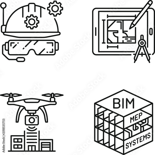 Construction crane, blueprints, bim model, and architectural plans building model