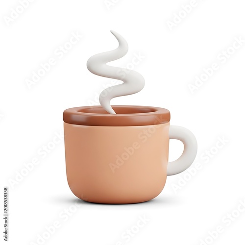 Three dimensional stylized representation of a steaming beverage in a handled ceramic container