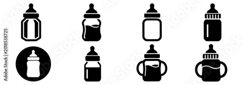 Baby bottle silhouette and outline icon set for childcare