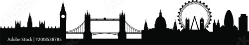 Photography Black silhouette skyline of london landmarks including big ben, tower bridge, st