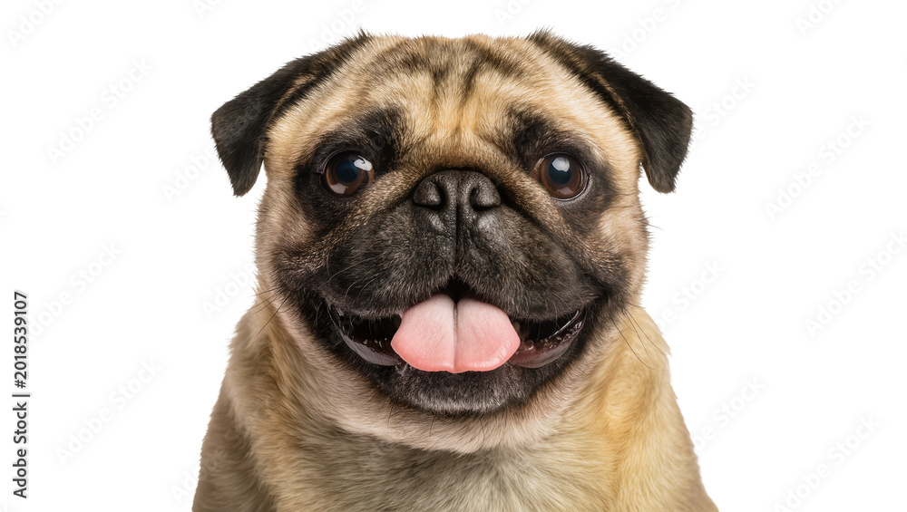 Fototapeta premium Smiling Fawn Pug Dog with Drooling Tongue and Large Eyes