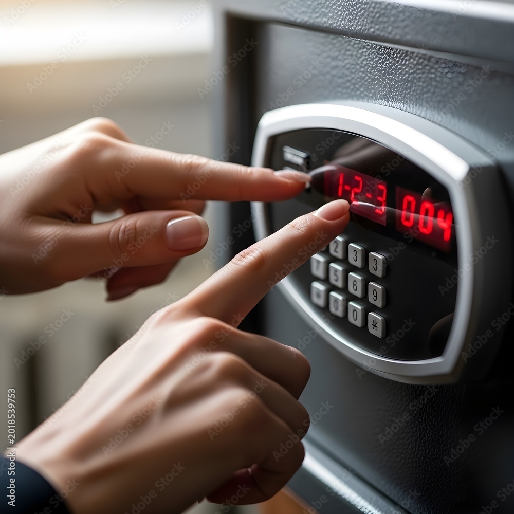 Obraz premium Person Entering PIN Code on Digital Keypad of Modern Metal Security Safe Box