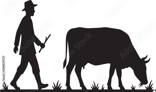 Tableau sur toile Farm Life Cattle and Farmer Walking Silhouettes