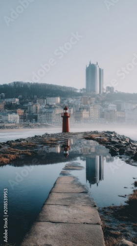 Red Lighthouse Reflecting in Calm Water with Cityscape and Modern Skyscraper