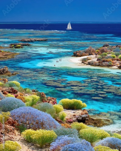 Tropical Island Paradise with Coral Reefs and Sailboat