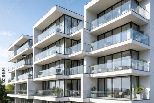 Edificio de apartamentos urbanos modernos con balcones de vidrio transparente y una fachada de composición geométrica definida