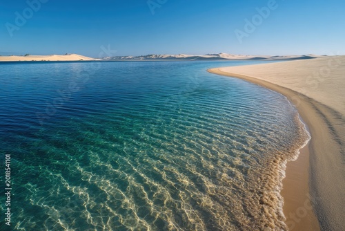 Crystal Clear Lagoon Amidst Sand Dunes Under Blue Sky
