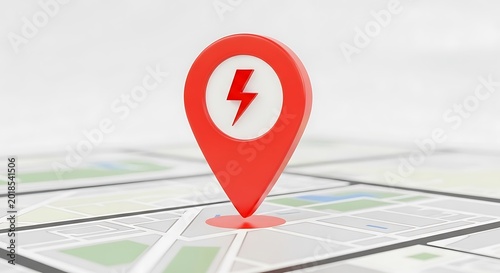 Bright red three dimensional location marker with electrical charge symbol rests upon a schematic street map