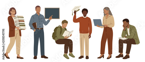 Quadro su tela Diverse Students and Teachers Studying Education Set, Flat Vector Illustration o