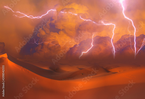 Konstfotografi Sand dunes and sand storm in the Sahara desert with lightning - Hot and dry dese
