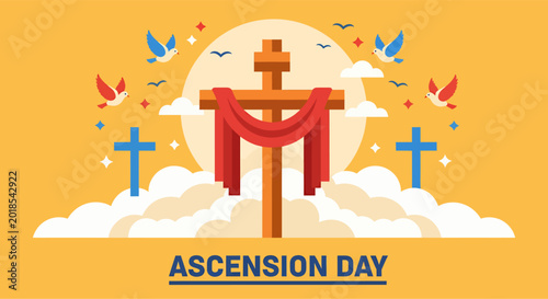 Konstfotografi Landscape banner of celebration ascension day, vector illustration