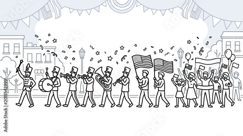 Fotografi A festive parade marching band with musicians and flag bearers.