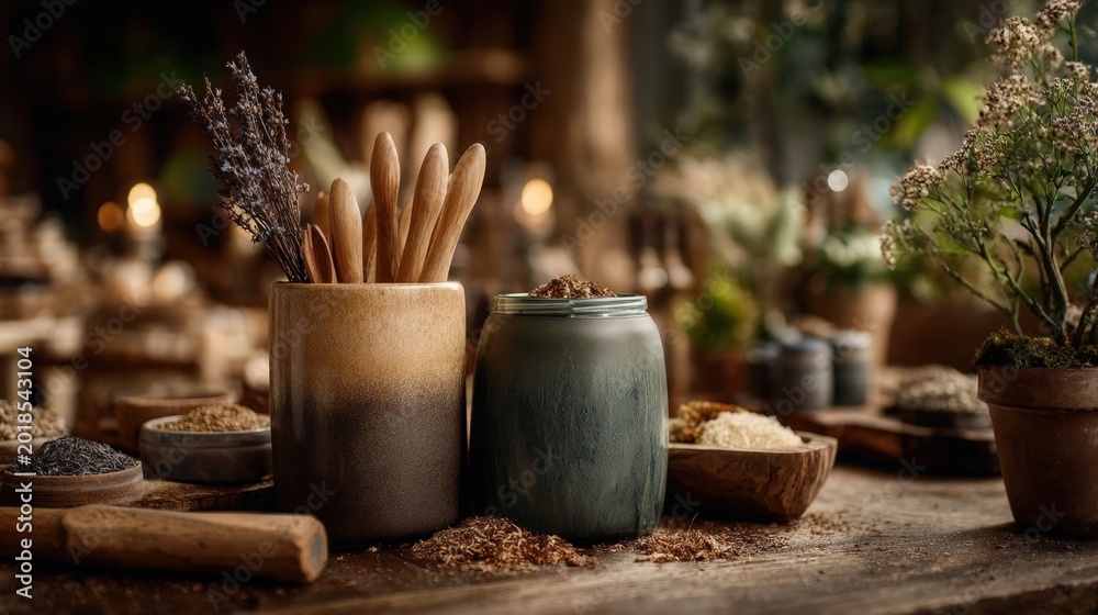 Fototapeta premium Rustic Herbal Workshop With Wooden Tools And Dried Botanicals. Generative AI