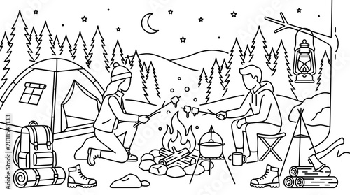 Konstfotografi A man and a woman camping and roasting marshmallows over a campfire