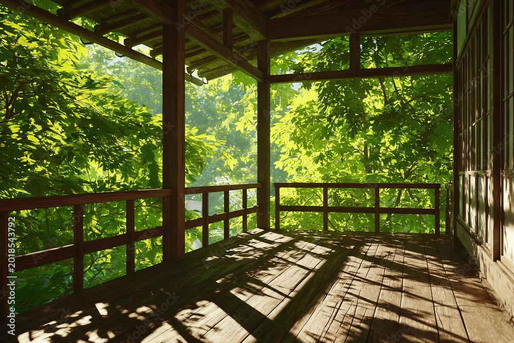 Fototapeta premium Traditional Japanese balcony veranda overlooking bright green foliage
