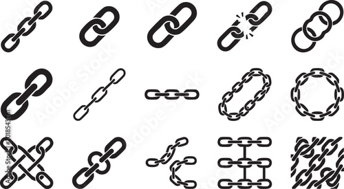 Set of 15 black chain link icons, vector illustration of various chain designs and connections.