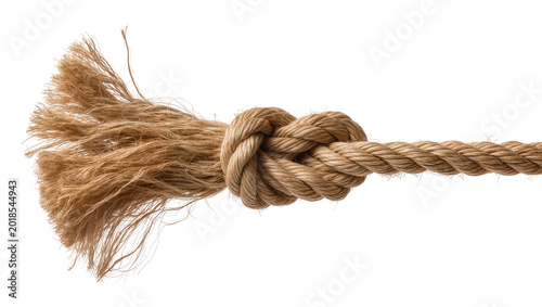 Fotografie Braided Jute Rope with Knotted End and Frayed Fibers