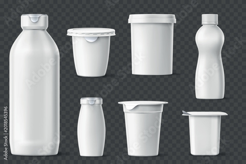 Realistic yogurt packaging. 3D blank mockups of plastic containers for dairy products and desserts. Various sizes and shapes. Closed bottles. Yoghurt pot side view. Vector packages set