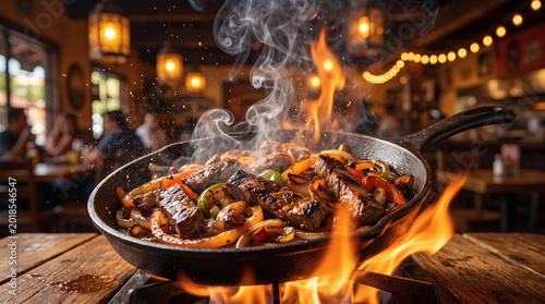 Sizzling beef fajitas with peppers and onions in a flaming skillet