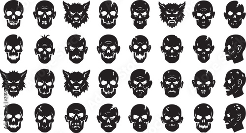 Fényképezés Halloween Monster Silhouette Icons: Skulls, Zombies, Werewolves