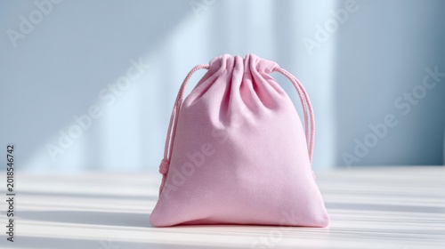 A Soft Pink Fabric Pouch on a Bright Table Surfaces with Gentle Shadows and a Calm Atmosphere