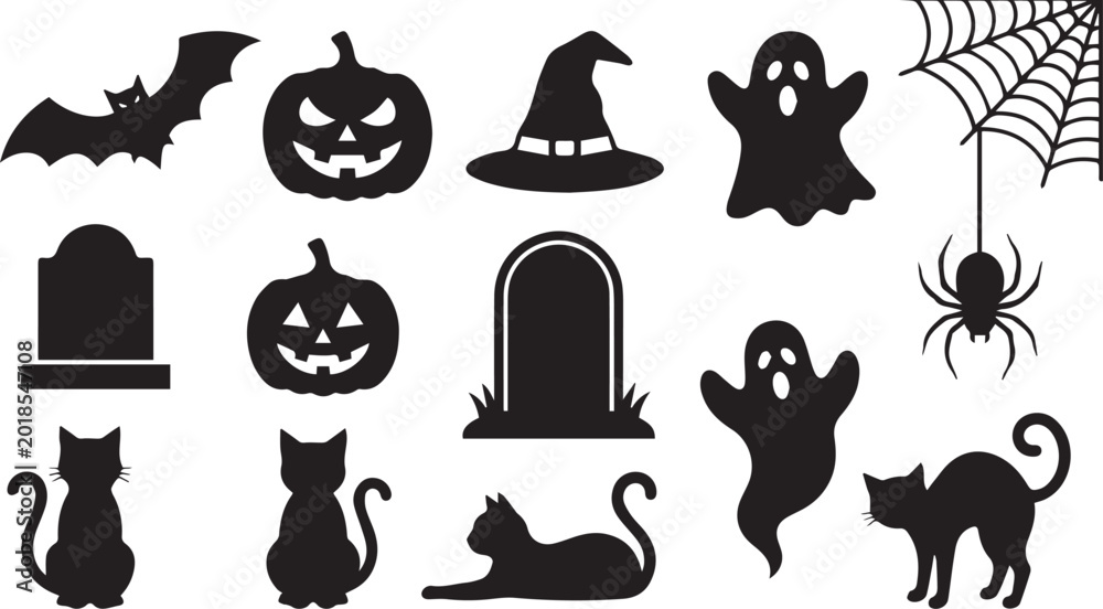 Fototapeta premium Halloween Silhouette Icon Set: Bat, Pumpkin, Ghost & Cat