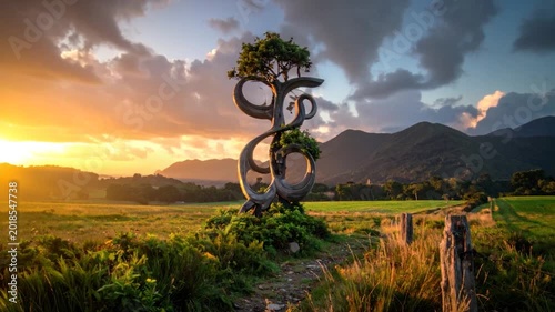 A surreal tree sculpture stands in a field. Golden sunset bathes landscape with mountains
