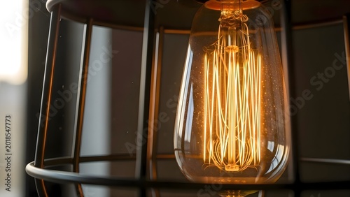 Industrial light bulb inside protective metal cage for vintage loft interior design and garage style lighting equipment