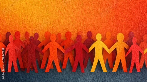 Paper cutouts of people holding hands stand together against a textured orange background.