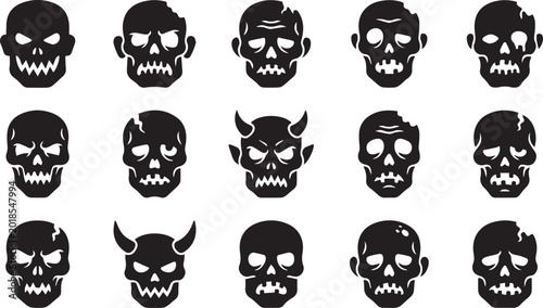 Foto Zombie and Demon Skull Icons Black Silhouette Vector Set
