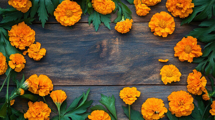 Marigold flowers and leaves on wooden background for gudi padwa.