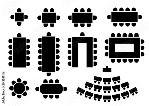 Top view floor plan showing meeting room arrangement with chairs and tables. Professional blueprint design for conference hall or event space layout with furniture setup.