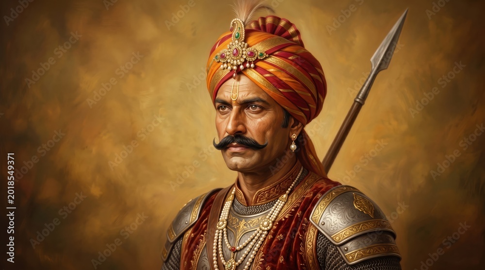 Obraz premium Close up portrait of a fierce indian warrior king in traditional royal armor and jeweled turban maharana pratap