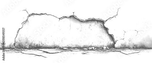 Tablou pe pânză Cracked concrete wall surface with debris and rough texture on white background